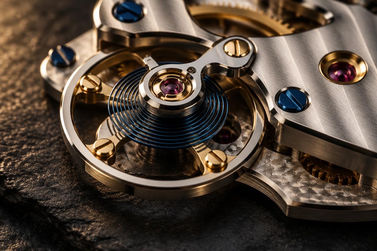 Macro view of a balance wheel and hairspring on a dark slate surface