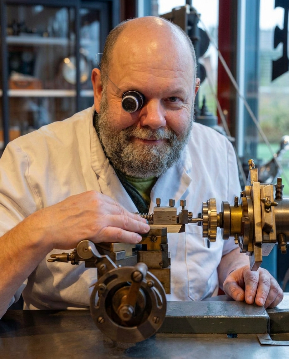 Kalle Slaap, master watchmaker, at his workshop lathe wearing a loupe